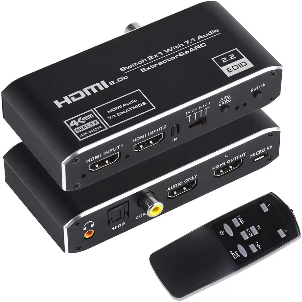 HDMI Switch 2x1 with Audio Extractor, 4K 120Hz, HDMI 2.0b, 7.1CH EARC, Remote Control